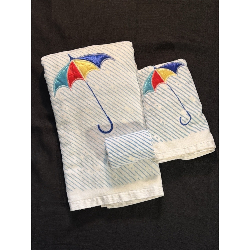 Vintage Fieldcrest Lustre 3 PC Towel Set Umbrella Rain Design White 1970s USA